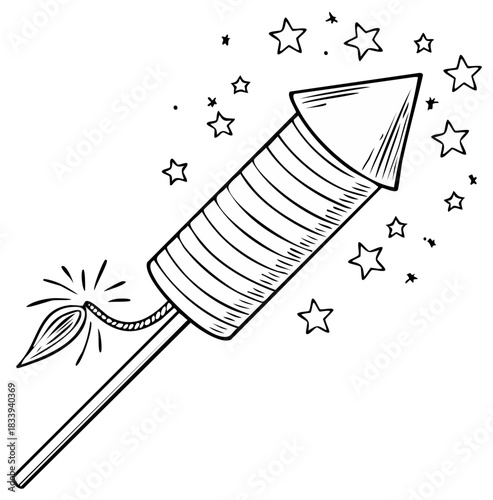 Hand drawn firework rocket with a lit fuse surrounded by stars sketch illustration