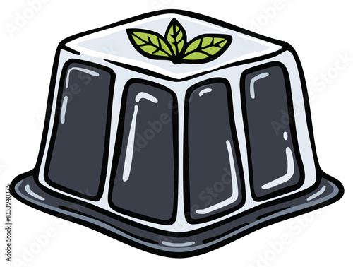 Cartoon illustration of a traditional Asian grass jelly dessert with a fresh mint garnish