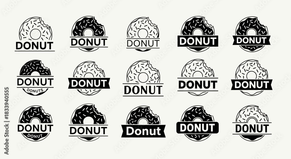 Fototapeta premium Collection of minimalist black and white donut logo designs perfect for branding a pastry shop