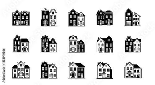 Collection of minimalist black and white house icons representing diverse architectural styles