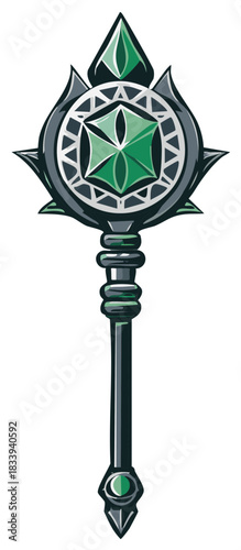 Magic scepter or war mace with a spiky head and green gem vector art