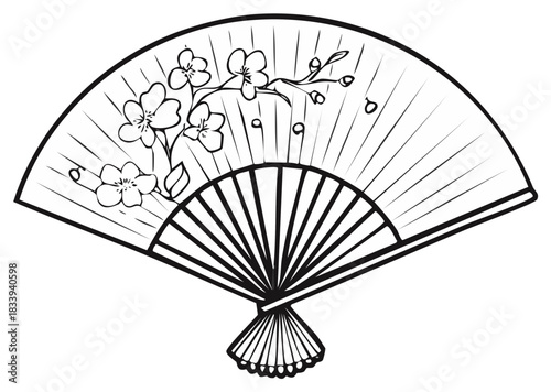 Elegant hand fan illustration with cherry blossom floral design.