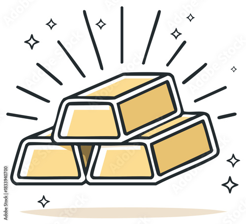 Shiny stack of gold bars with sparkles and light bursts, investment concept.