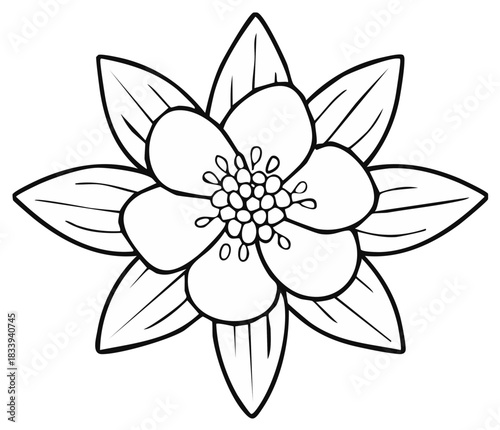 Monochrome line art flower illustration with distinct petals and detailed center, perfect for coloring or botanical design.