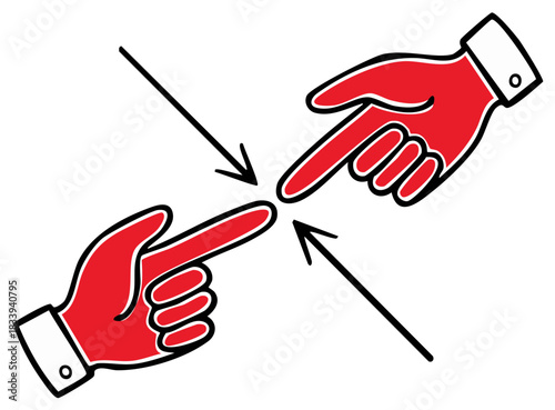 Conceptual illustration of two hands with pointing fingers converging on a central focus point with arrows