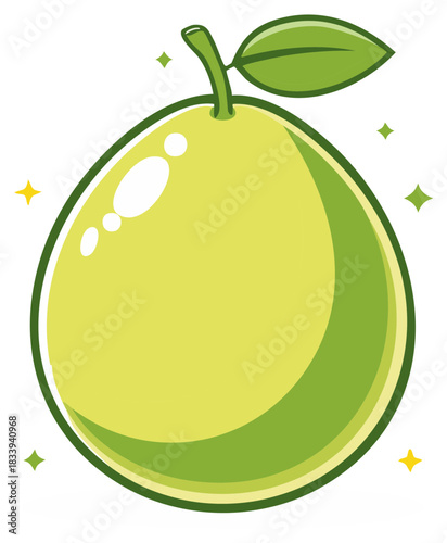 Vibrant lime green fruit illustration with leaf and stem, adorned with glossy highlights and sparkle accents