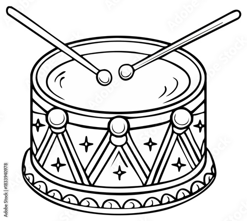 Line Art Drum Image with Drumsticks, Musical Instrument Outline Design
