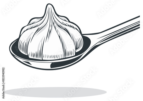 Vintage engraved style illustration of a whole garlic bulb resting on a spoon for cooking and seasoning