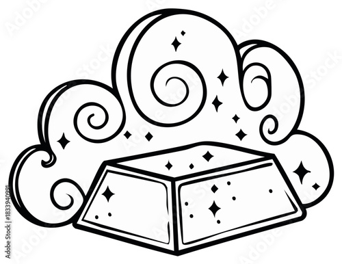 Stylized gold bar surrounded by a magical sparkling cloud and twinkling stars an outline illustration of fortune and dreams