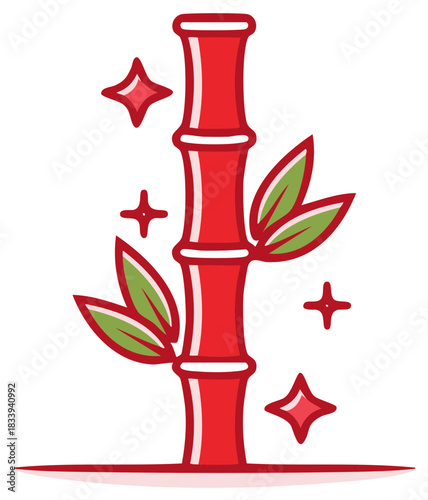 Lucky Red Bamboo Plant Icon with Sparkles for Asian Celebration and Good Fortune