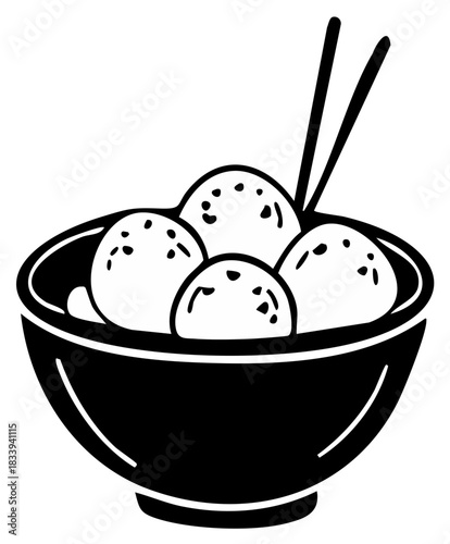 Black and white graphic illustration of Asian meatballs in a bowl served with traditional chopsticks