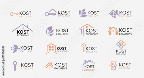 Collection of real estate logos featuring houses keys and leaf with geometric shapes