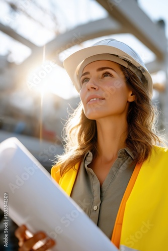 Caucasian female engineer in safety gear holding blueprint at construction site