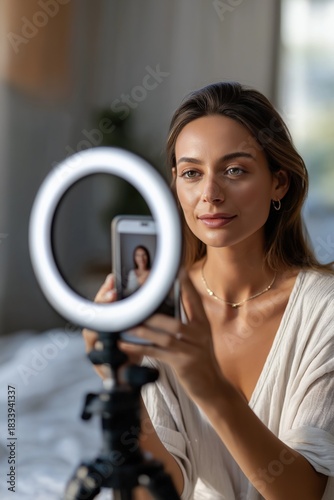 Young caucasian female vlogger filming beauty tutorial with smartphone and ring light