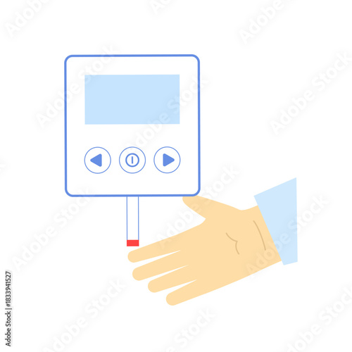 Electronic glucometer and human hand, analysing blood sugar.