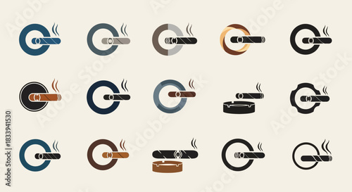 Collection of stylized cigar and ashtray icons representing smoking culture enjoyment