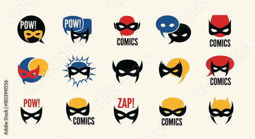Collection of superhero mask logos and speech bubbles in retro comic book style
