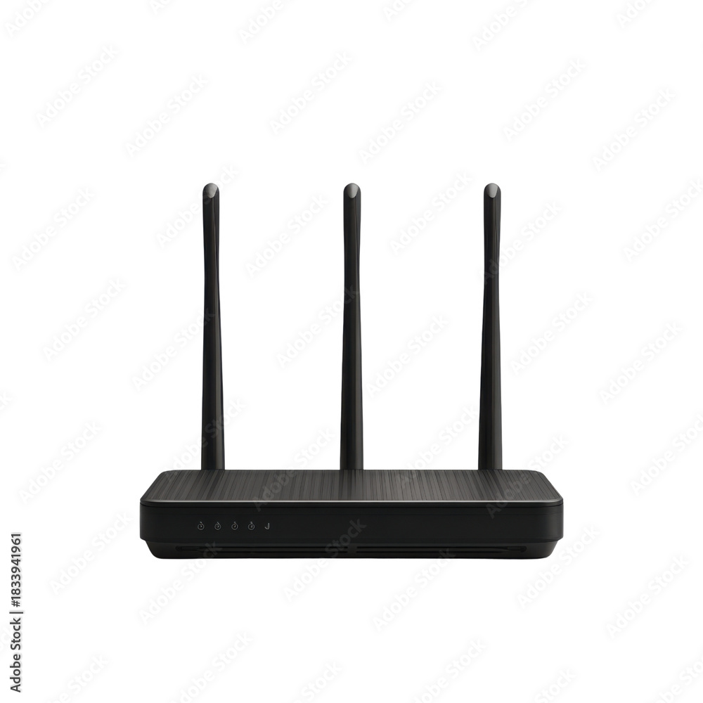 Fototapeta premium Network Router: An isolated shot of a sleek, black network router with three antennas poised for efficient wireless signal distribution, promising seamless connectivity and reliable performance.