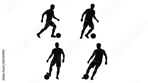 Silhouettes of soccer players dribbling a football, depicting various action poses during a game