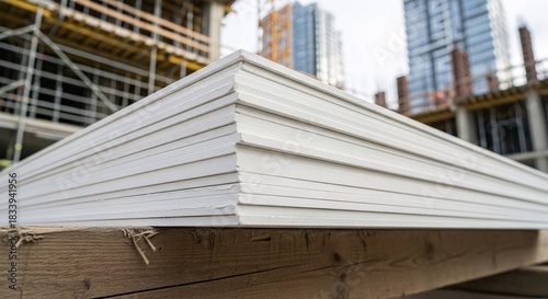 Building the Future: Stack of Drywall at Construction Site Creating Modern Homes and Offices Highlighting Progress Innovation and Sustainable Development 180