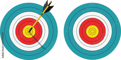 Colorful vector archery targets with arrow hitting bullseye symbolizing precision, goal achievement, success, and focus