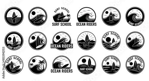 Diverse collection of surf school and ocean rider logo designs in monochrome style