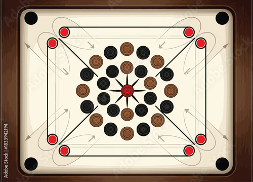 Top-down realistic vector of traditional Carrom board with wooden frame, strikers, pockets, and center design
