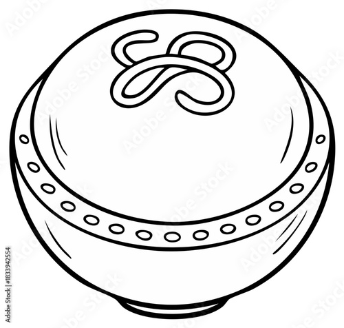 Round Container with Ornamental Top in Black and White Outline Illustration