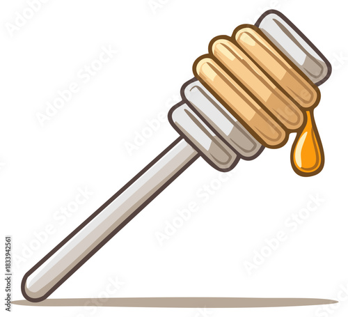Cartoon honey dipper with a dripping drop of golden sweet honey vector illustration