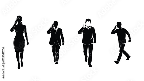 Silhouettes of business people walking and talking mobile phones, representing modern communication