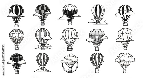 Monochrome Hot Air Balloon Vector Set for Vintage Travel and Adventure Themes