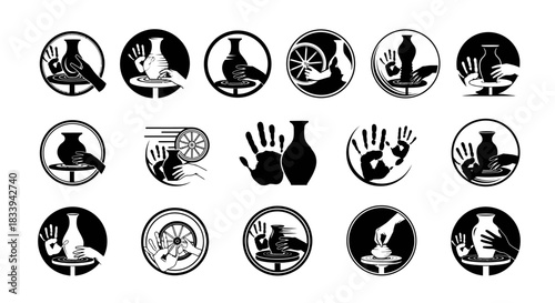 Monochrome Icon Set Depicting Pottery Creation and Hands on Pottery Wheel Techniques