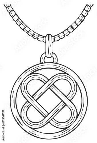Circular knot pendant on a chain, traditional Celtic knot design, isolated illustration
