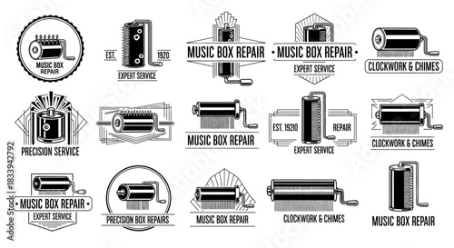 Monochrome Retro Music Box Repair Logos and Badges Collection Set Design Elements