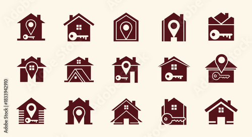 Real Estate Icon Set: Houses with Keys and Location Pin for Property Businesses