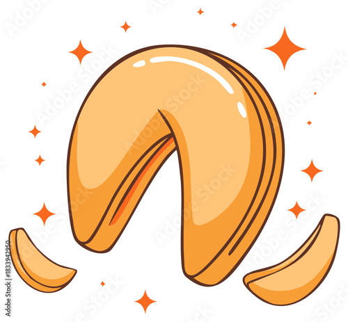 Fortune Cookies with Orange Sparkles around on White Background for Prediction or Luck Concept