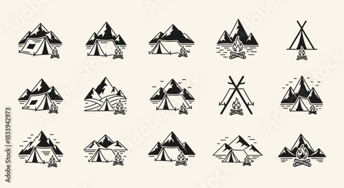 Seamless pattern of mountains, tents, and campfires creates an adventurous theme