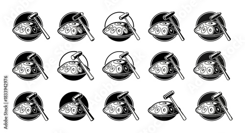 Seamless pattern featuring handpan musical instrument with mallets in a monochrome style