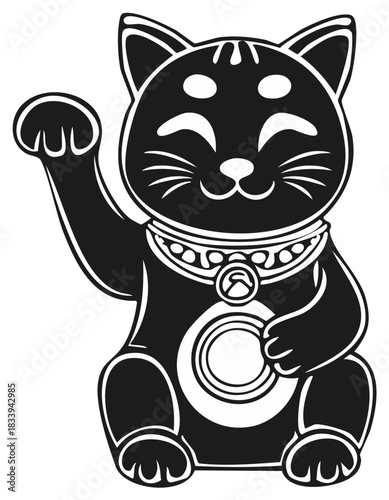 Black Maneki Neko Waving Lucky Cat Traditional Charm Graphic Vector Illustration