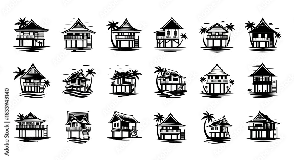 Fototapeta premium Set of tropical house vector illustration collection of coastal dwellings in a minimal style with