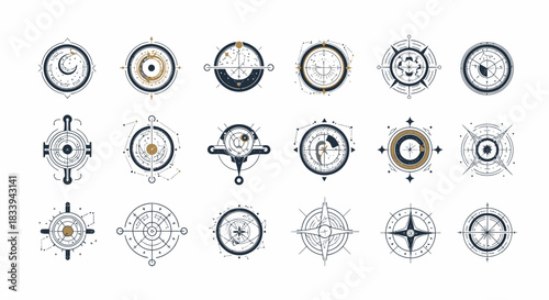 Set of twenty compasses vector illustration for nautical navigation and orientation equipment