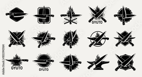 Set of vintage vector emblems of gyuto knife forging logo designs with various shapes