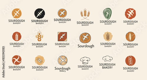 Sourdough bakery logo design collection featuring wheat, bread, and chef hat icons