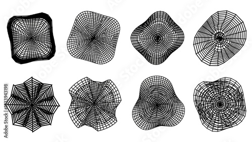 Stylized Vector Illustration of Eight Unique Geometric Shapes with Central Spiderweb Grids