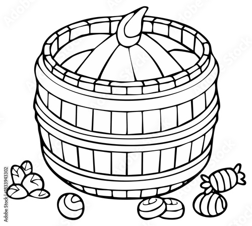Cartoon drawing of a sweet candy barrel with scattered treats perfect for a children's coloring book page