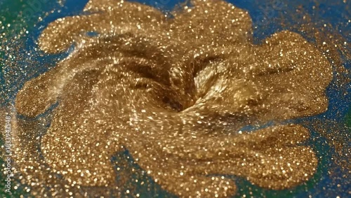 Golden Glitter Swirls Form Abstract Patterns in Blue and Green Liquid with Dramatic Lighting