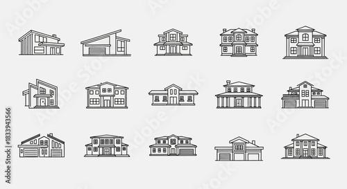 Architectural house icons showing various modern home styles in line art design, great for real
