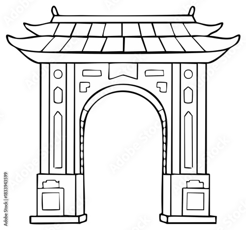 Traditional Asian Archway Gate Outline Drawing with Tiered Roof