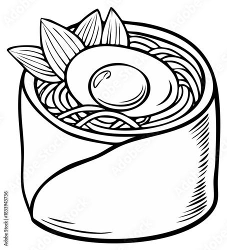 Black and White Line Art of Instant Ramen Noodle Cup with Egg and Garnish
