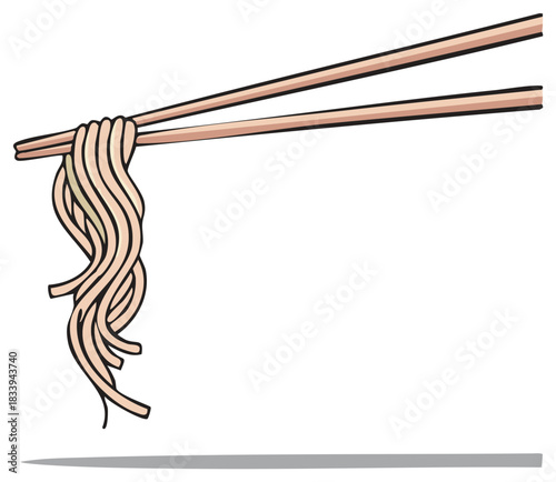 Hand drawn illustration of delicious noodles being picked up by chopsticks